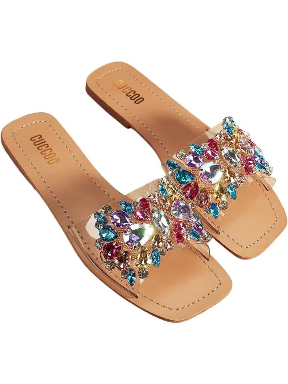 Women's Multicolor Rhinestone Flats Square Toe Slides Sparkle Transparent Shoes